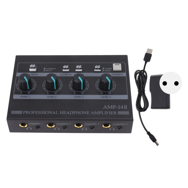 Hodetelefonforsterker 4-kanals metall stereoforsterker Mini øretelefonsplitter for studio og scene 100 til 240V EU-plugg