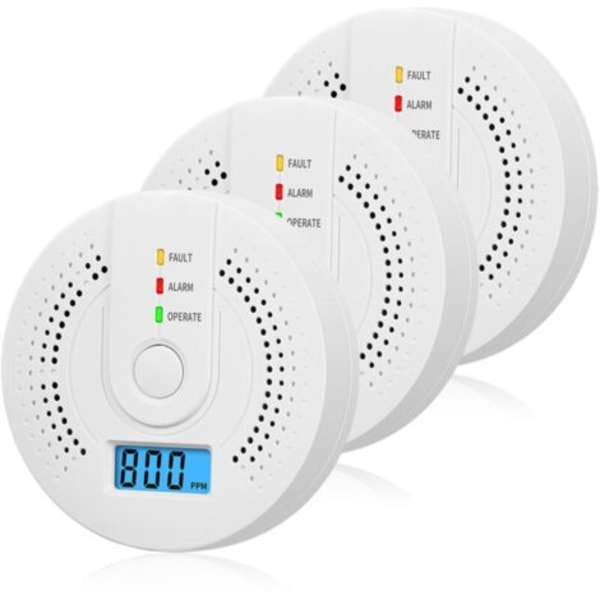 3 kappaleen paristokäyttöinen hiilimonoksidi-ilmaisin digitaalisella LCD-näytöllä kotiin, keittiöön, ravintolaan, hotelliin, toimistoon - Paristot eivät sisälly toimitukseen.pa