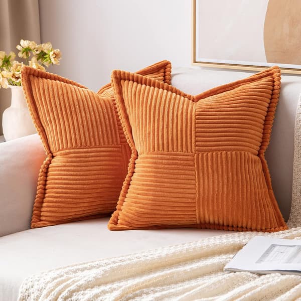 Fløjls pudebetræk med splejsning Sæt med 2 bløde Boho stribede pudebetræk Teksturerede pyntepuder 45 x 45 cm, Orange