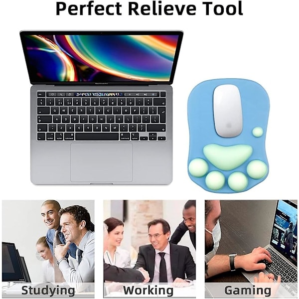 Musmatta med kattfot och handledsstöd, bärbar ergonomisk halkfri gamingmusmatta för handledssmärta (27,2 x 19,6 x 2,8 cm) (Blå)