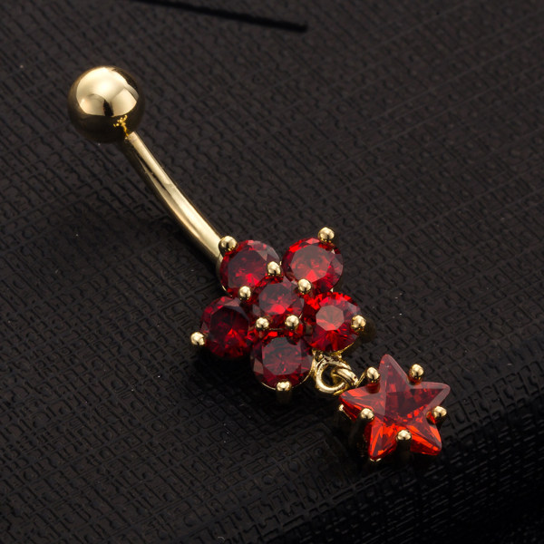 Enkel navelring med dubbla kronblad Fashionabla eleganta navelsmycken i zirkonring (röd)