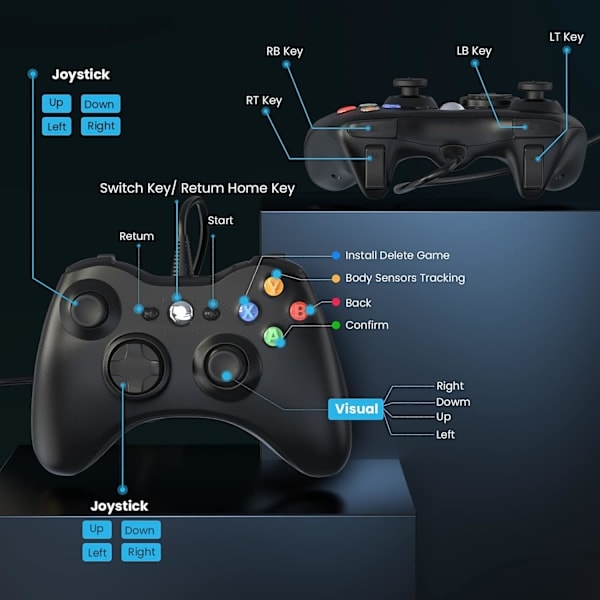 Paris Trådbunden handkontroll för Xbox 360, spelkontroll för 360 med dubbla vibrationer Turbo kompatibel med Xbox 360/360 Slim och PC Windows 7, 8, 10
