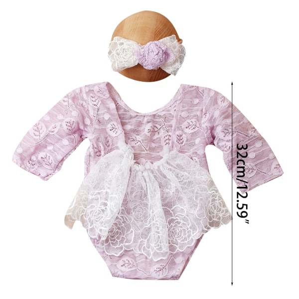 Nyfödd fotorekvisita Rosett Pannband & Spets Jumpsuit Baby Kläder Huvudbonad Rygglös Triangel Romper for nyfödd