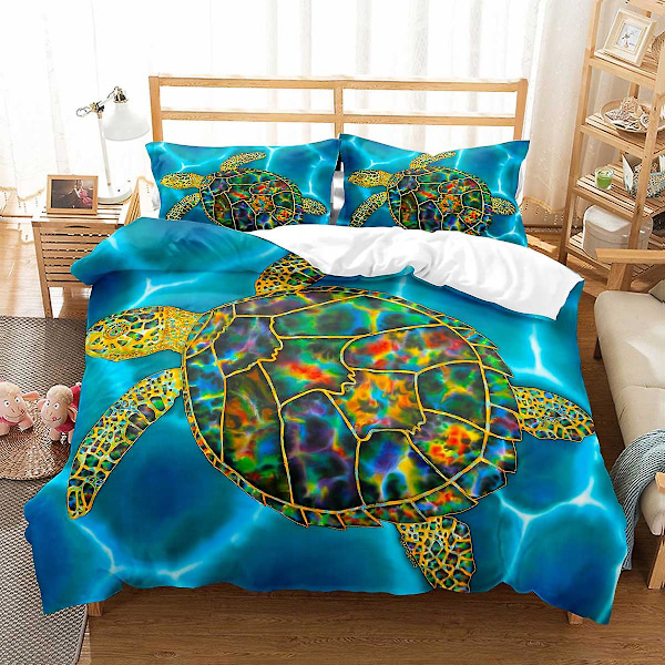 Tecknad Havssköldpadda Kung & Drottning Täcke Set Söt Sköldpadda Barn Ocean Djur Quilt Täcke Polyester Överdrag