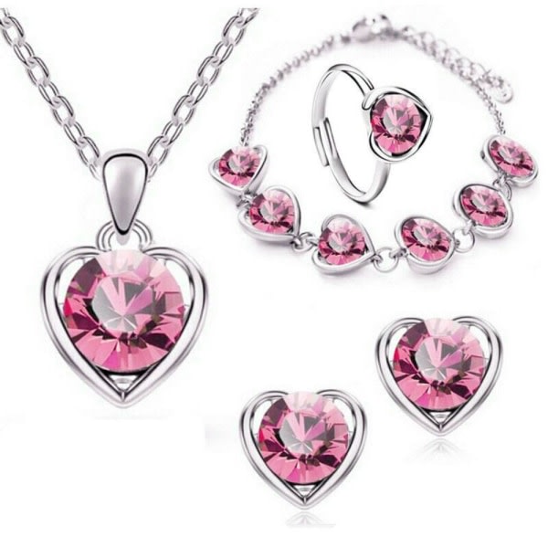 Crystal Heart Halsband Örhängen SILVER&ROSA Silver&Rosa Silver&Pink