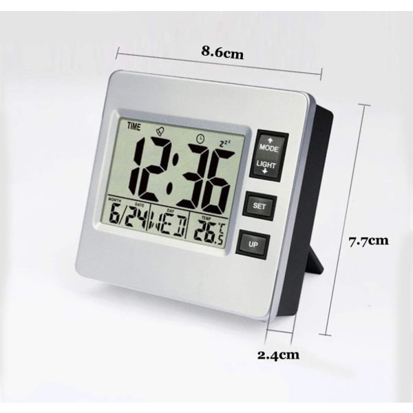 Digitaalinen herätyskello Pieni pöytä-LCD-kello Keittiöajastin lämpötilan, päivämäärän ja kalenterin kanssa toimistoon ja kotiin - 8,6 cm x 7,7 cm