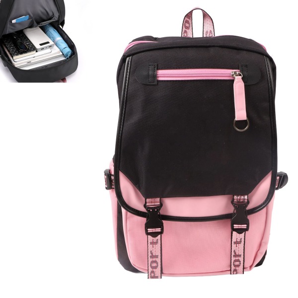 Rejserygsæk med USB-opladningsport og hovedtelefonhul Afslappet dobbelt skuldertaske Sort Pink