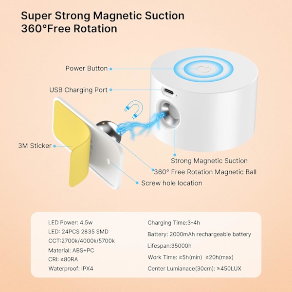 Innendørs vegglampe, vegglampe med USB-lading, 3 farger og 3 nivåer LED innendørs 360° roterbar berøringskontroll trådløs vegglampe