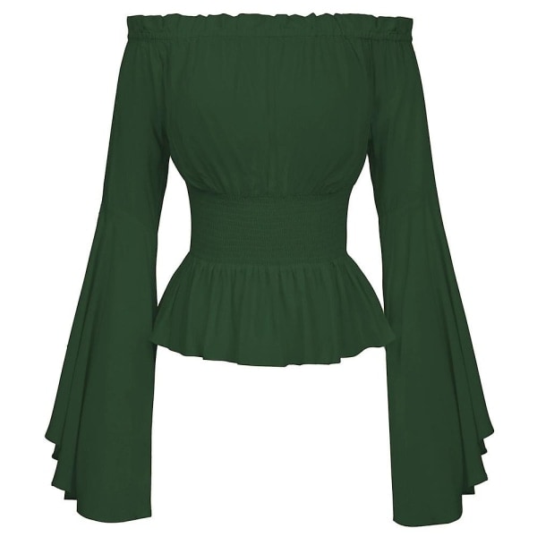 Kvinnor Solid Renaissance Girdle Midja Blus Off Shoulder Toppar Medeltida Viktoriansk Långärmad Skjorta Pirat Cosplay Kostym Green 2XL