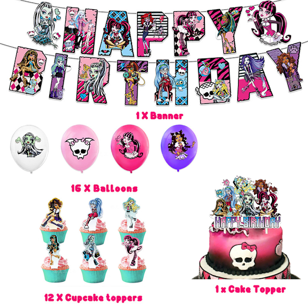 Monster High Tema Fødselsdagsfest Kage Toppers Banner Balloner Dekoration Tilbehør