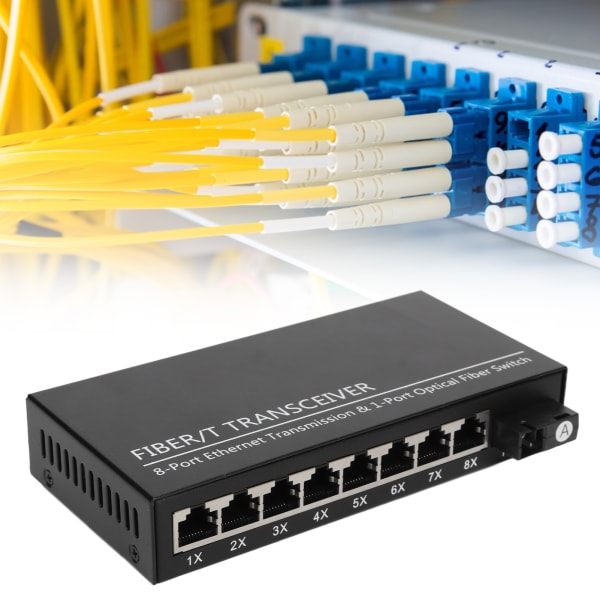 Tx1310nm RX1550nm Fibersender/mottaker opptil 25 km 1 optisk port 8 elektrisk port Single Mode Ethernet Fiber Switch 100?240V EU-plugg