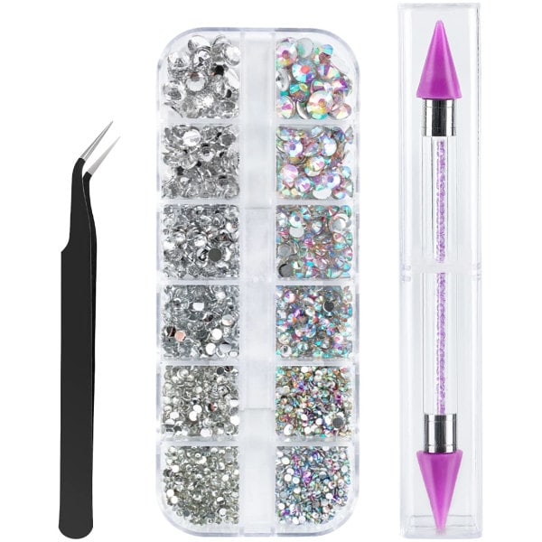 Rhinestoneja 6 koossa Gems-Nail Art Gems -kynsikoristeita poimintatweezerillä ja Rhinestone Picker Dotting Pen