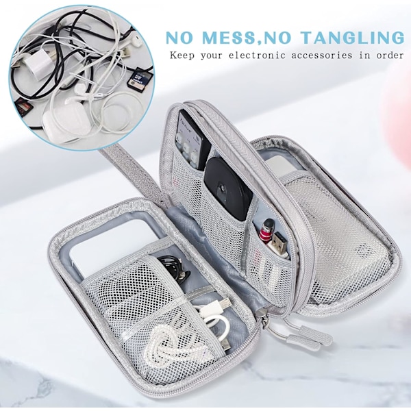 Dubbellagers väska för elektroniktillbehör, kabelorganiserare, universell reseväska för prylar, kablar, powerbank, USB-minne, laddare, hårddisk A-grey