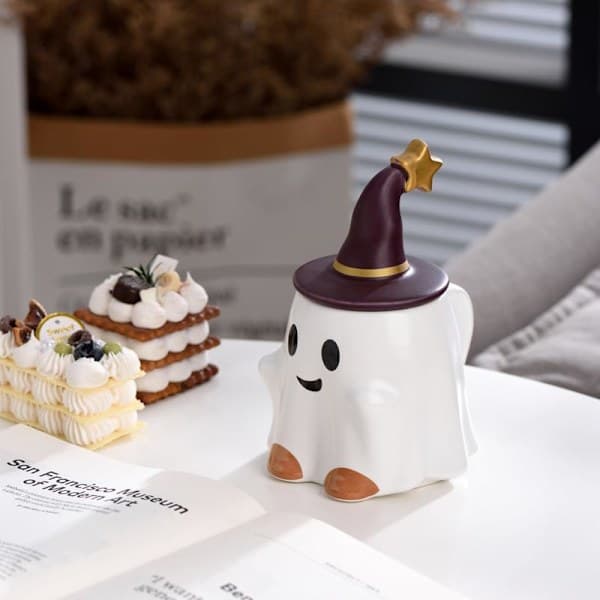 Nyhet Te-kopp, Keramik 33 cl Halloween Kaffe-mugg med lock - Vänligt spöke (Vit)