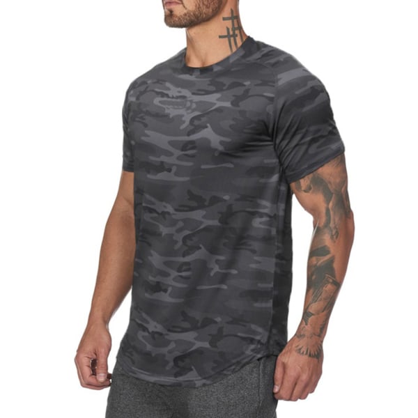Sportsskjorte til mænd Hudvenlig Hurtigtørrende Åndbar Komfortabel T-shirt med rund hals til løb Yoga Sort Camouflage XL