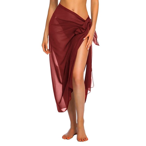 Lang Sarong Cover Up Dame Chiffon Beach Wrap WINE RED vin rød wine red