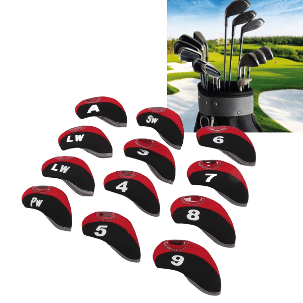 12 Stk Golf Iron Head Cover Sett Club Headcover Sett med Tall Rød Passer til de fleste køller