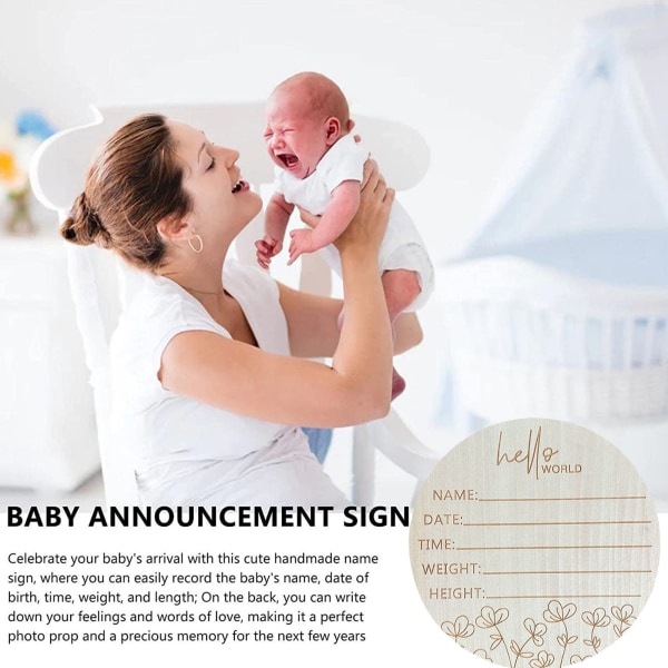 5,9 tommer rundt babykunngjøring fotorekvisitt Basswood-skilt Hello World Babyskilt for Nursery L4