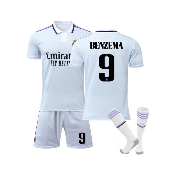 (Real Madrid 2022/23 hemmatröja Benzema No.9 fotbollströja 3-delade kit för barn Vuxna 28(150-155CM)