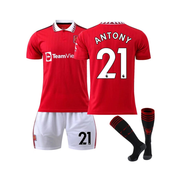 (Manchester United FC 2022/2023 hemmatröja Antony No.21 fotbollströja 3-delade kit för barn Vuxna Kaki L