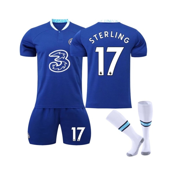 (Chelsea 22-23 Home Kit Sterling No.17 fotbollströja 3-delade kit för barn Vuxna czarny M