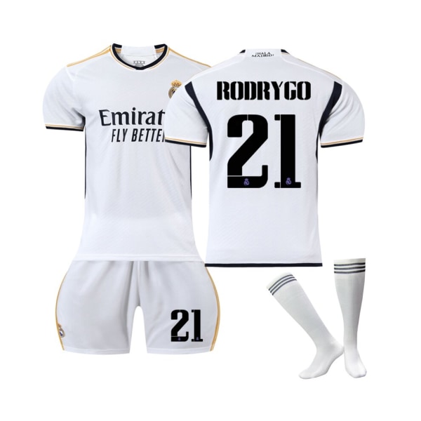 (Real Madrid 2023/24 hemmatröja Rodrygo No.21 fotbollströja 3-delad set för barn Vuxna blå 42