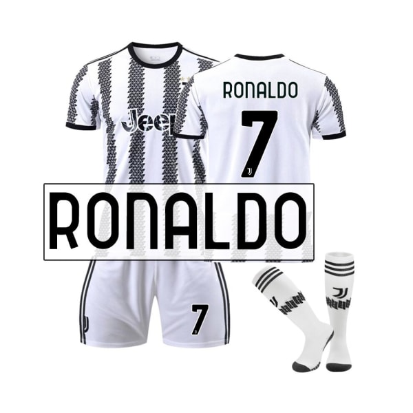 Juventus hemmatröja 2022/23 Ronaldo No.7 Fotbollströja 3-delade kit för barn Vuxna Svart Röd 44