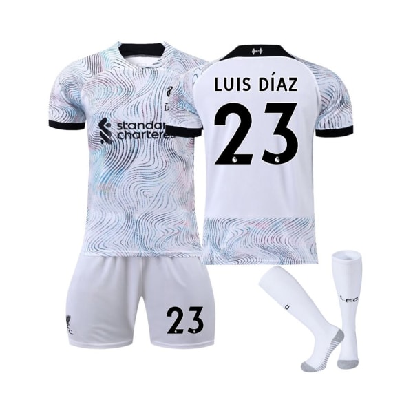 (Liverpool FC 2022/23 Stadium bortatröja Luis Díaz No.23 Fotbollströja 3-delade kit för barn Vuxna rosa 35