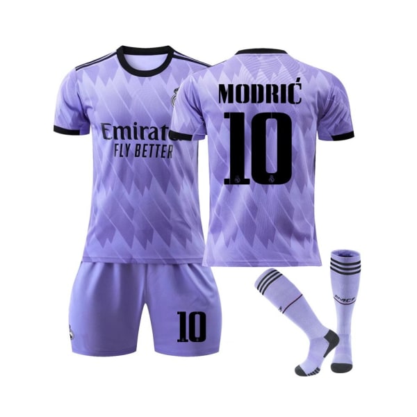 (Real Madrid 2022/23 bortatröja Modric No.10 Fotbollströja 3-delade kit för barn Vuxna Ljuslila L