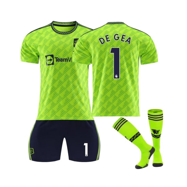 Neongrön Manchester United 2022/23 Third Replica Jersey De Gea No.1 Fotbollströja 3-delade kit för barn Vuxna Mörkblå L