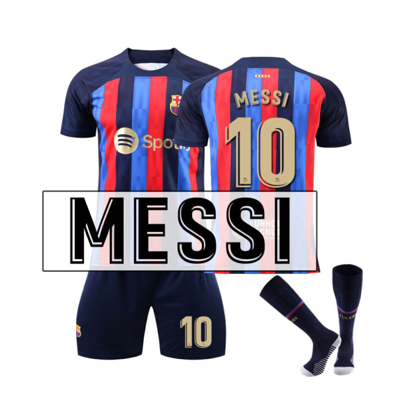 ( FC Barcelona Home Kit 2022/2023 Messi No.10 Fotbollströja 3-delade kit för barn Vuxna 20(115-125CM)