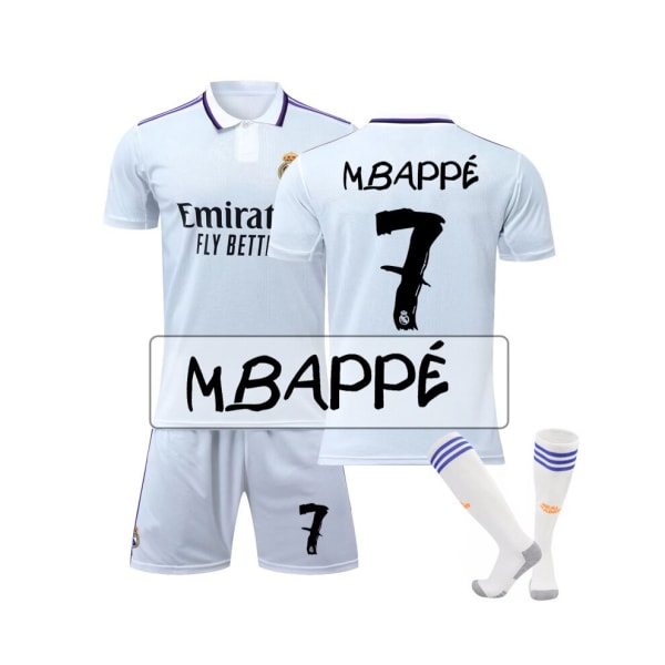 (Real Madrid 2022/23 hemmatröja Mbappe No.7 fotbollströja 3-delade kit för barn Vuxna S(165-170CM)