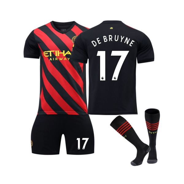 (Manchester City F.C. Away 22/23 Jersey De Bruyne No.17 Fotbollströja 3-delade kit för barn Vuxna Purpurowy XXL