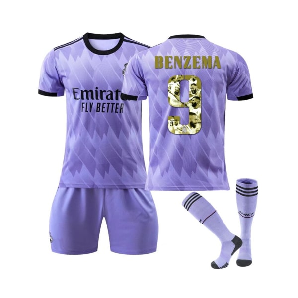 ( Real Madrid specialutgåva Benzema Ballon d'Or-tröja Benzema No.9 fotbollströja 3-delade kit för barn Vuxna 22(130-135CM)