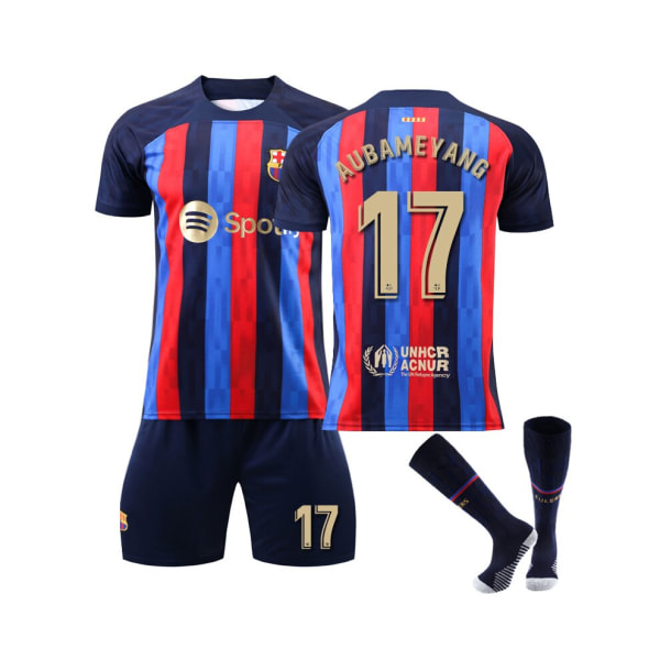 ( FC Barcelona Home Kit 2022/2023 Aubameyang No.17 Fotbollströja 3-delade kit för barn Vuxna 28(150-155CM)