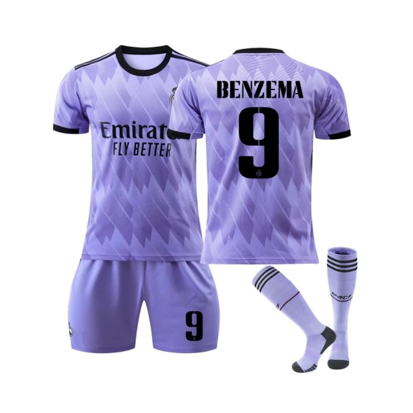 (Real Madrid 2022/23 bortatröja Benzema No.9 fotbollströja 3-delade kit för barn Vuxna 28(150-155CM)