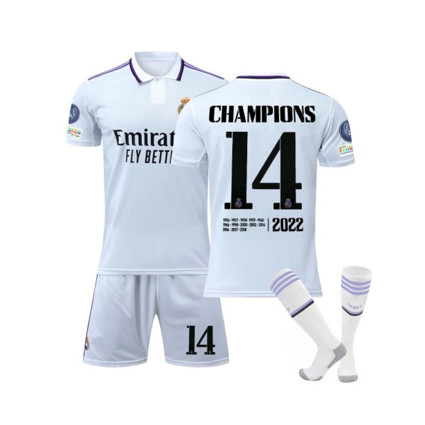 (Real Madrid 2022/23 Home Jersey Champions No.14 Fotbollströja 3-delade kit för barn Vuxna M(170-175CM)