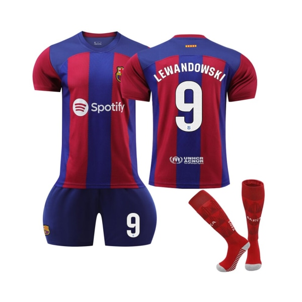 (2023/24 Barcelona Home #9 Lewandowski fotbollströjasatser för barn, vuxna Marinblå S