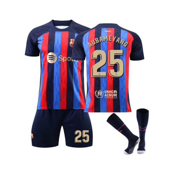 (FC Barcelona Home Kit 2022/2023 Aubameyang No.25 Fotbollströja 3-delade kit för barn Vuxna 18(100-110CM)