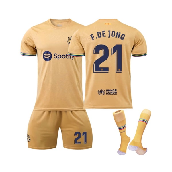 (FC Barcelona bortatröja 2022/23 F.De Jong No.21 Fotbollströja 3-delade kit för barn Vuxna Orange S