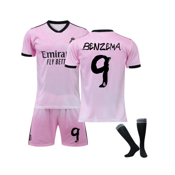 ( Real Madrid Pink Joint Commemorative Edition tröja Benzema No.9 Fotbollströja 3-delade kit för barn Vuxna 16(90-100CM)