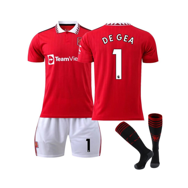 (Manchester United FC 2022/2023 hemmatröja De Gea No.1 fotbollströja 3-delade kit för barn Vuxna color