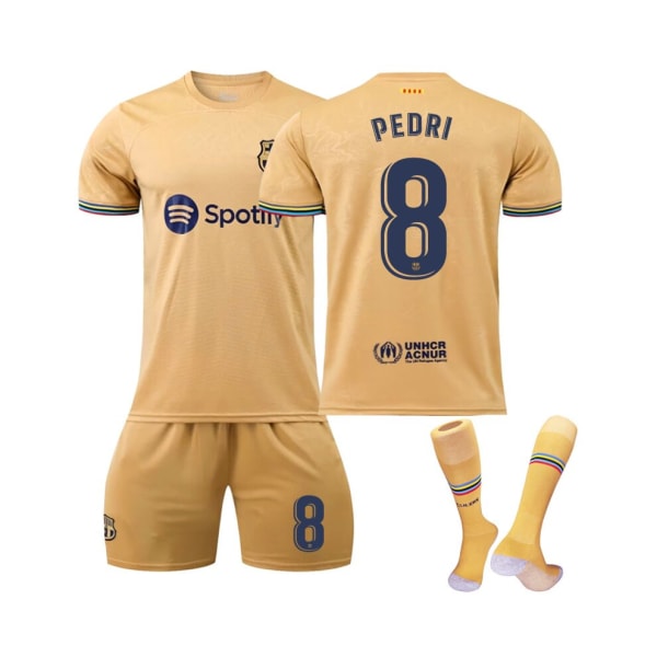 FC Barcelona bortatröja 2022/23 Pedri No.8 Fotbollströja 3-delade kit för barn Vuxna Golden,40