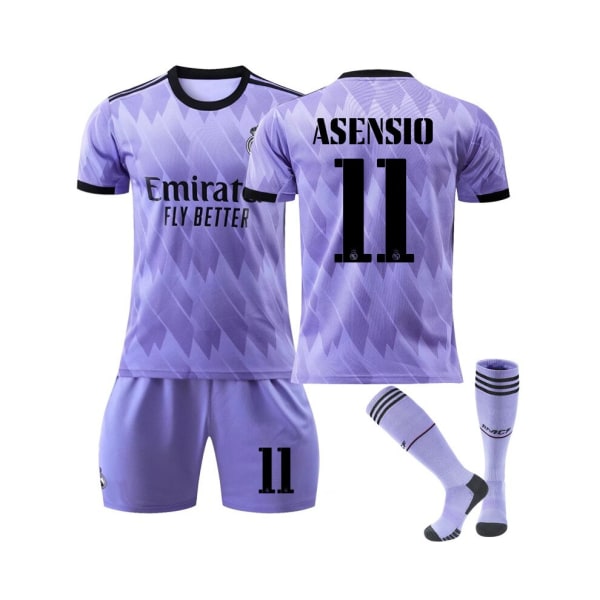 (Real Madrid 2022/23 bortatröja Asensio No.11 fotbollströja 3-delade kit för barn Vuxna Rubber Red