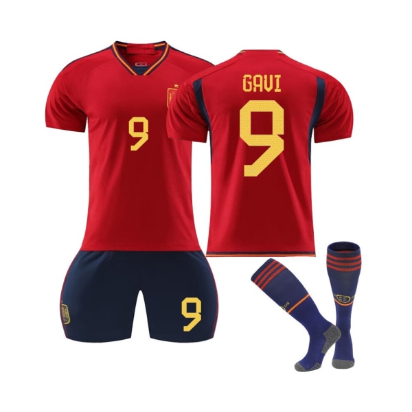 (Qatar 2022 VM Spanien Hemma Gavi #9 tröja fotboll herr T-shirts Set Barn Ungdom Kids 26(140-150cm)