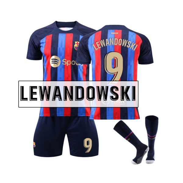 (FC Barcelona Home Kit 2022/2023 Lewandowski No.9 Fotbollströja 3-delade kit för barn Vuxna 22(130-135CM)