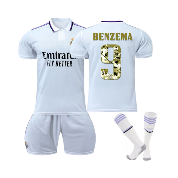 (Real Madrid Special-Edition Benzema Ballon d'Or-tröja Benzema No.9 Fotbollströja 3-delade kit för barn Vuxna 28(150-155CM)