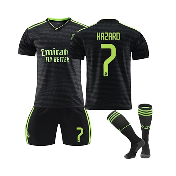 (Real Madrid 22/23 Third Jersey Hazard No.7 Fotbollströja 3-delade kit för barn Vuxna Svart XXL