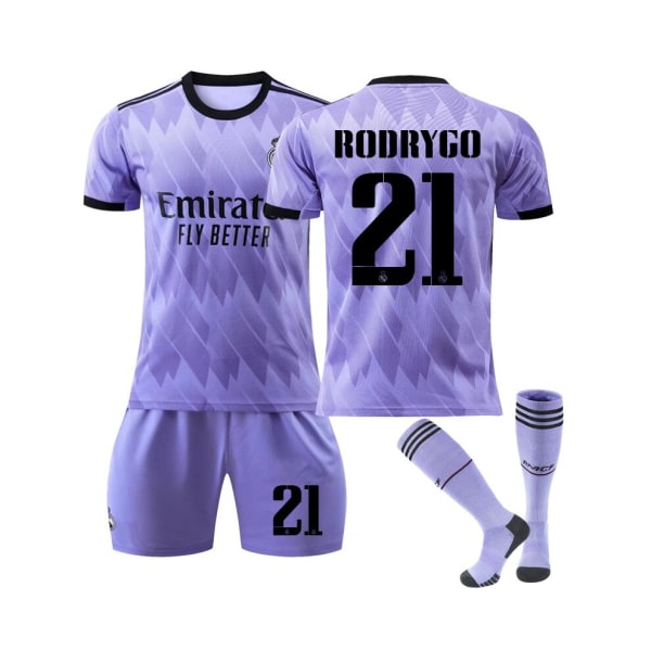 Real Madrid 2022/23 bortatröja Rodrygo No.21 Fotbollströja 3-delade kit för barn Vuxna Ljusgrön L