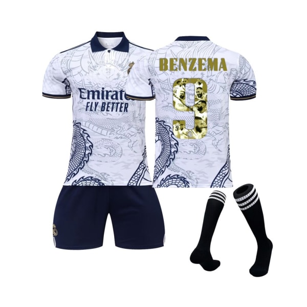 (Real Madrid Special-Edition Benzema Ballon d'Or-tröja Benzema No.9 Fotbollströja 3-delade kit för barn Vuxna 22(130-135CM)